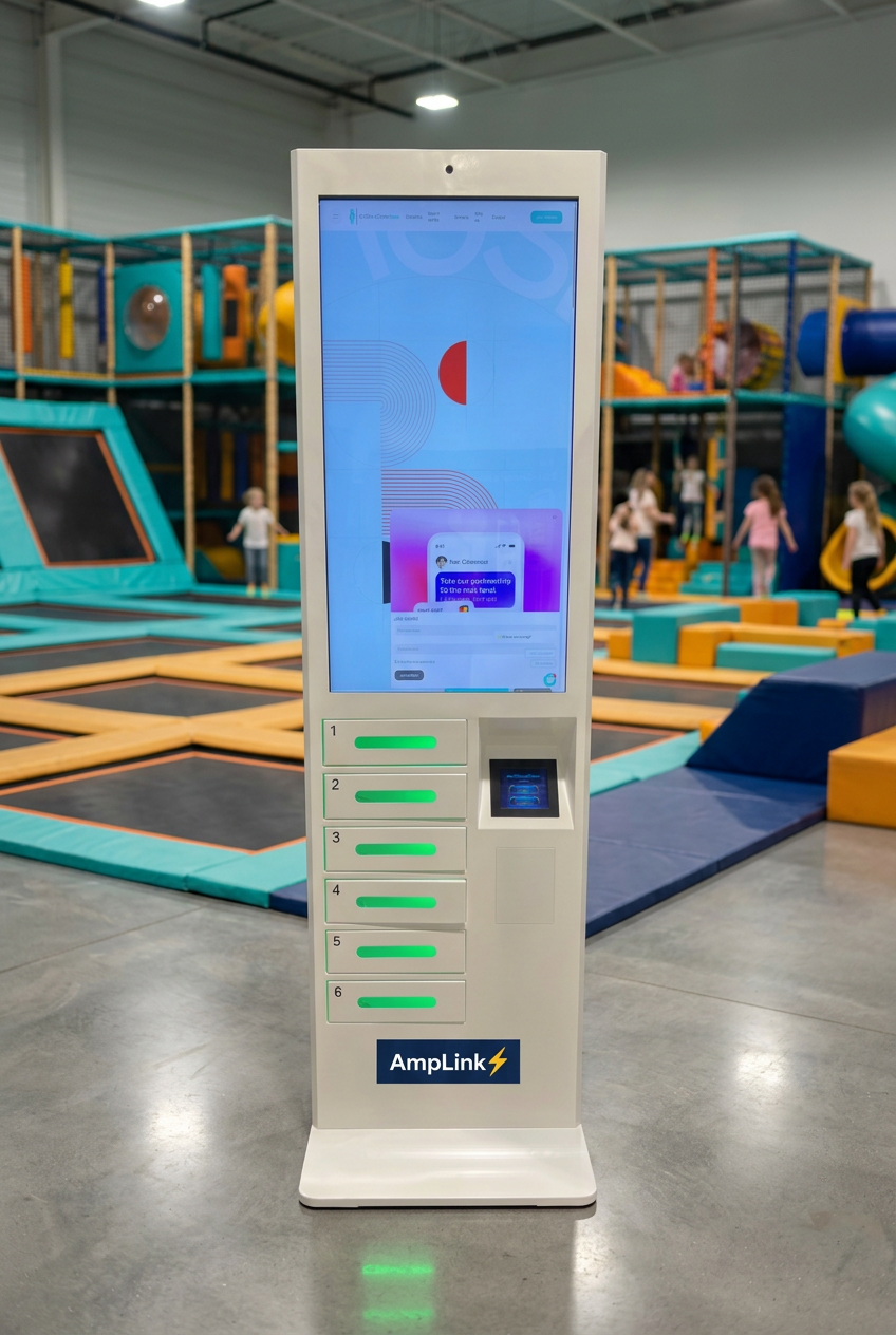 AmpLink branded charging kiosk with six PIN-locked lockers and a large digital ad display